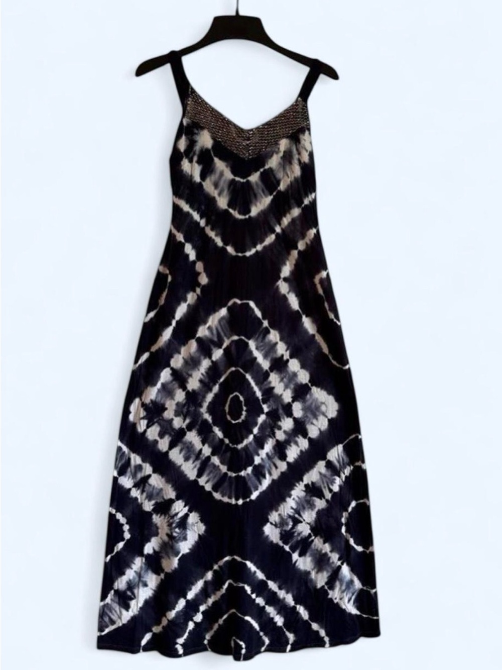 INC International Concepts Black/Blue and White Tie-Dye Beaded V-Neck Maxi Dress
